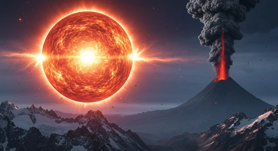 A dramatic depiction of a total solar eclipse over a mountain range. The sun is a fiery corona, and 