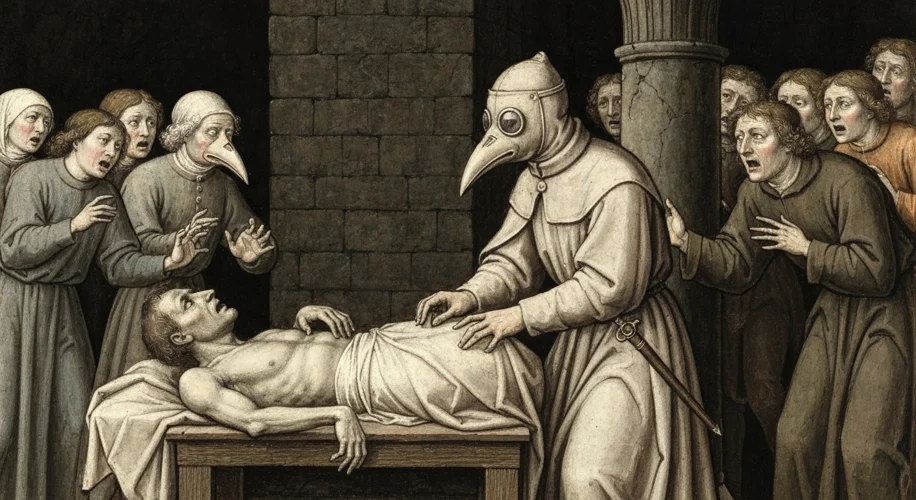 A medieval manuscript illustration depicting a physician in plague doctor attire tending to a patien