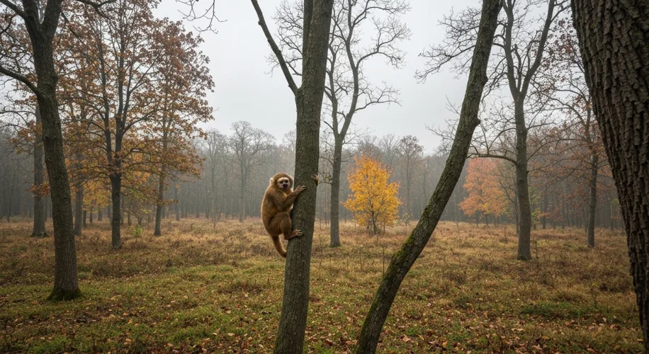 A reconstruction of an early Eocene forest scene in Europe, with a small, furry primate clinging to 