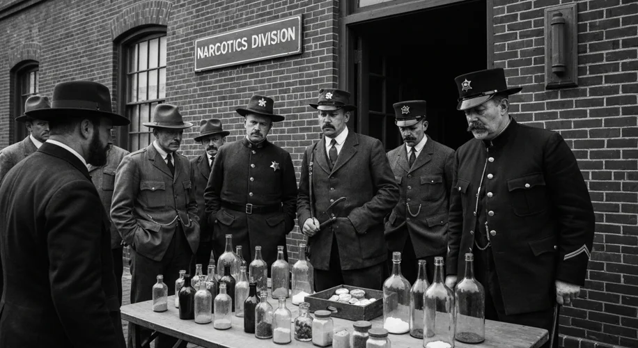 A black and white photograph showing a stern-faced group of law enforcement officers in early 20th-c