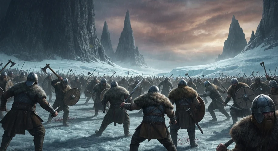 A dark, atmospheric depiction of Norse warriors engaged in a fierce battle, with a sense of betrayal
