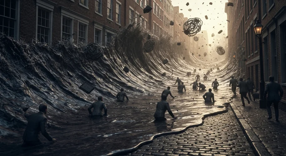 A dark, thick wave of molasses engulfing a street in Boston, with panicked people fleeing and debris