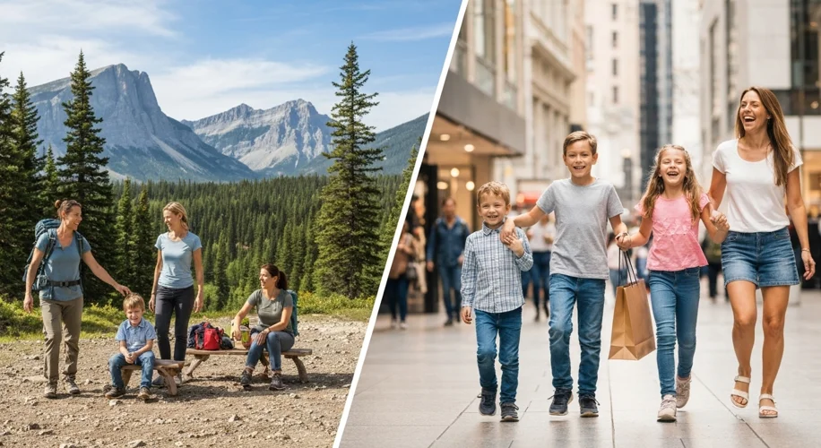 A split image: on the left, a modern American family enjoying a sunny day at a Canadian national par