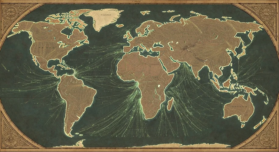 A world map from the early 20th century, overlaid with a complex, glowing network of lines represent