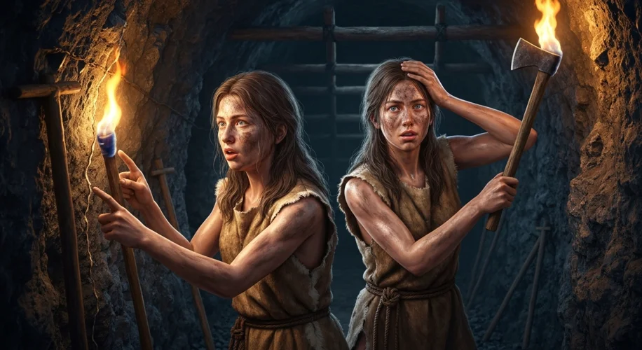 A hyperrealistic reconstruction of two young Neolithic women, their faces grimy with dirt, wearing s