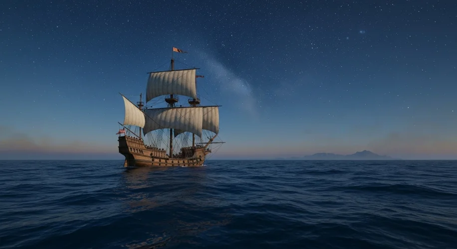A 15th-century caravel ship sailing on a vast ocean under a starry night sky, with a distant coastli