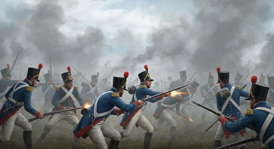 A chaotic battlefield scene during the Napoleonic Wars, with French soldiers in blue uniforms clashi