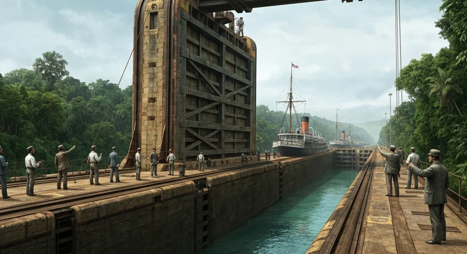 A massive lock gate of the Panama Canal, towering over a steamship, with engineers and workers in pe