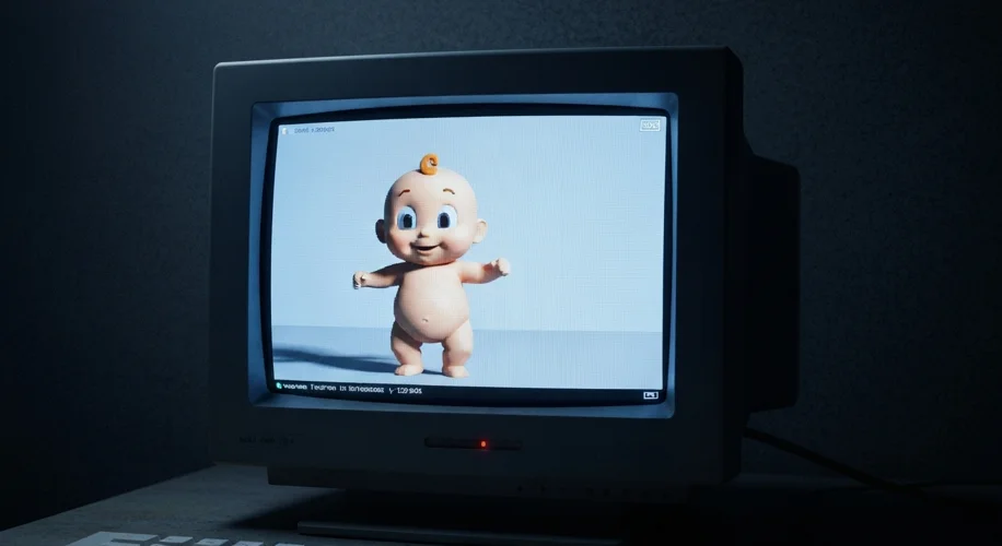 A 1990s computer screen displaying the low-resolution 3D animation of the 'Dancing Baby' character, 