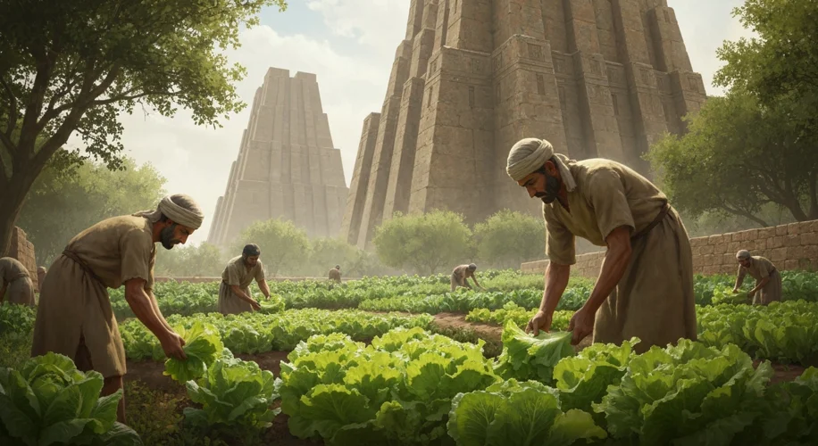 An ancient Mesopotamian garden with early varieties of lettuce being tended by farmers, with ziggura