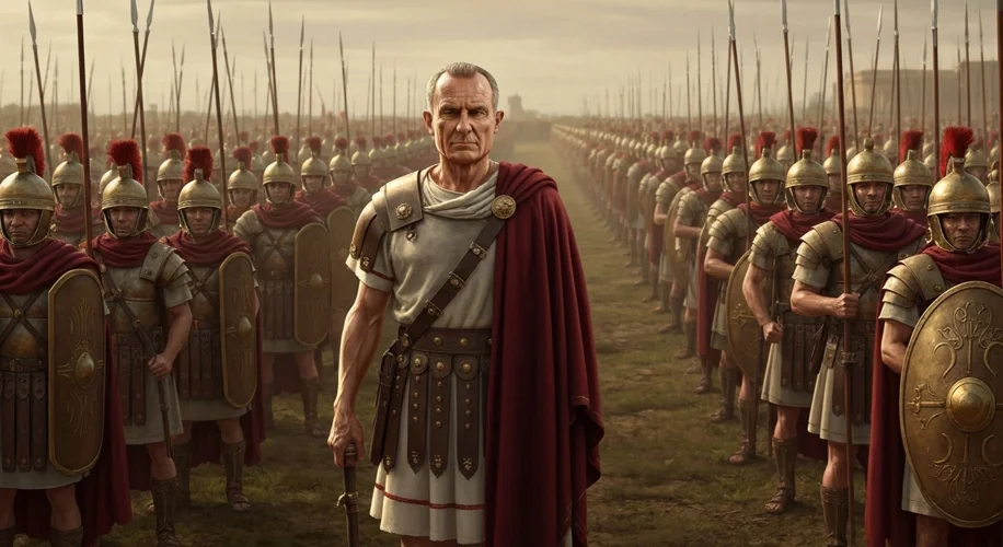 Julius Caesar addressing his troops in Gaul, looking determined and commanding. Roman soldiers are a