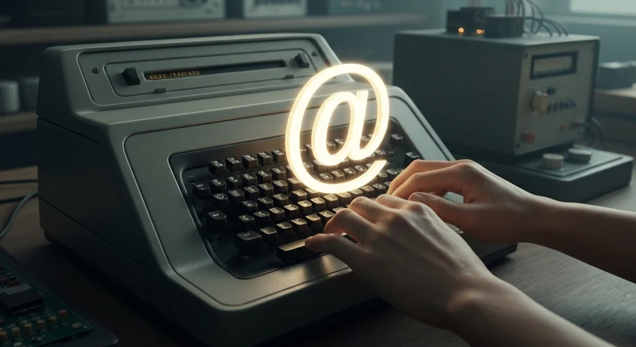 A vintage Teletype machine with a programmer's hands typing on its keyboard, the '@' symbol prominen