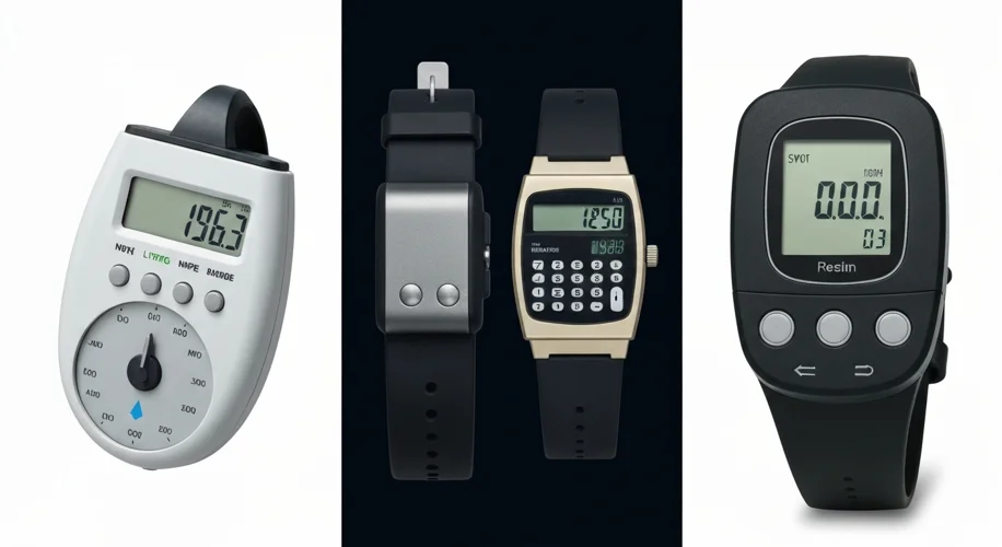 A montage showing a 1970s pedometer, an 1980s calculator watch, and an early digital heart rate moni