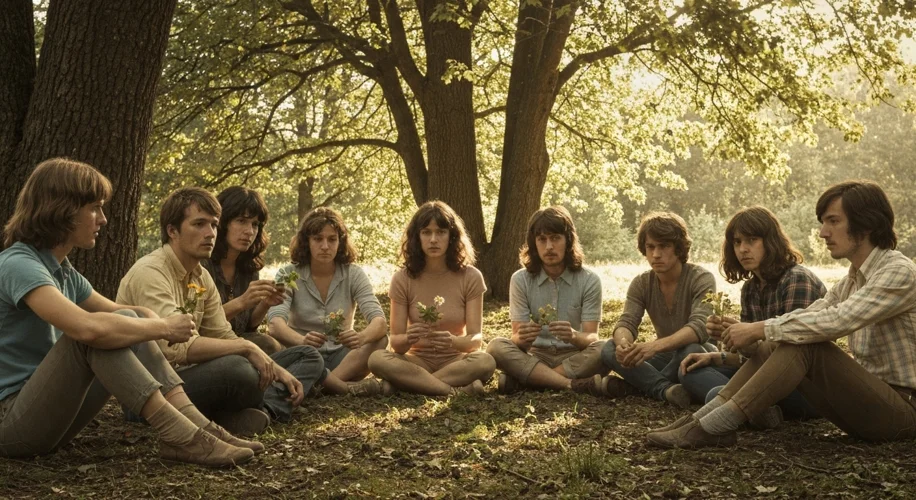 A vintage 1960s photo of a diverse group of young people sitting in a circle outdoors, some holding 