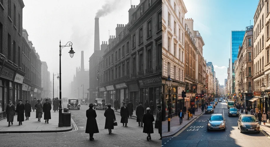 A split image: one side shows a smog-filled London street in 1952. The other side shows a clear, sun