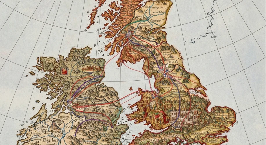 A medieval map of Britain and Ireland, with intricate details showing the political borders of Engla