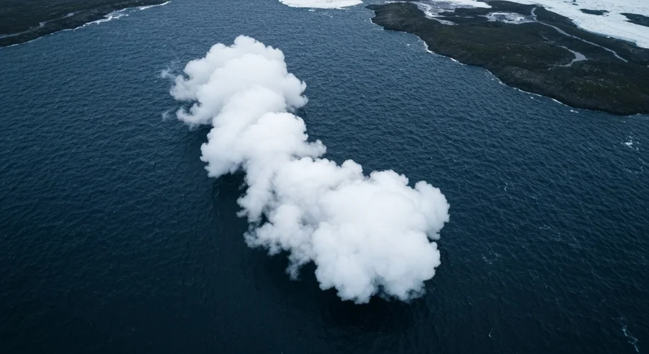 An aerial view of a vast, jagged rift cutting through the Greenland ice sheet, with plumes of steam 