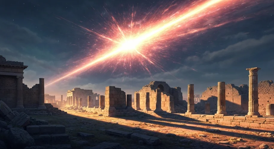 An artist's depiction of an ancient Mediterranean city at night, with a brilliant, violent gamma-ray