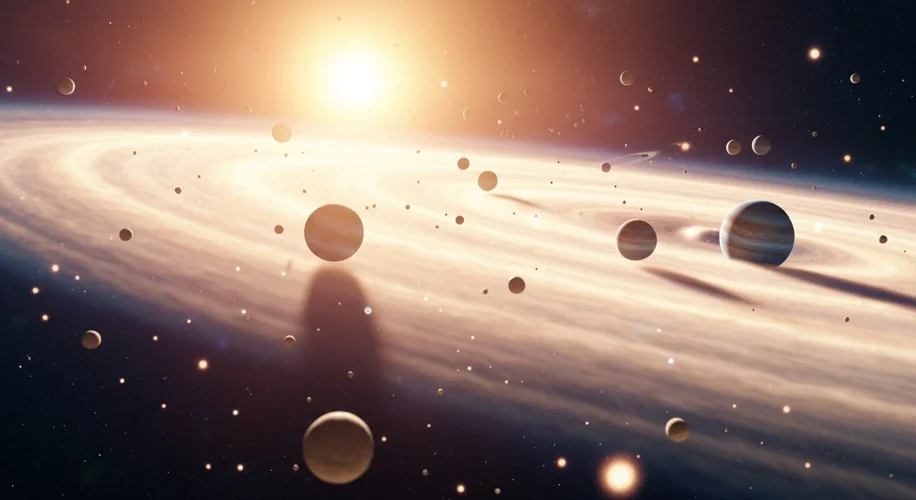 A visualization of the early solar system, showing a swirling disk of gas and dust with newly formin