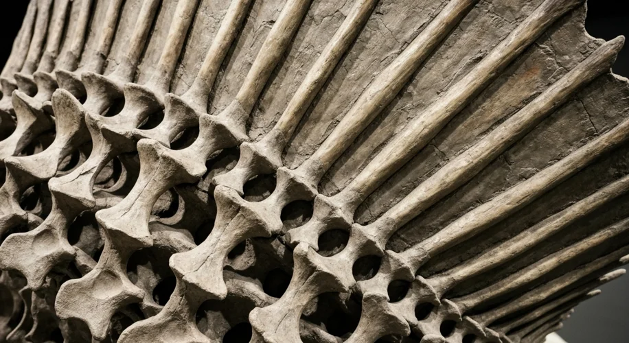 A close-up view of the fossilized vertebrae and neural spines that formed the sail-like structure of