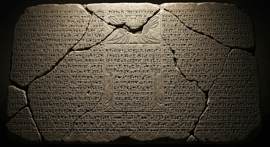 An ancient stone tablet with cuneiform inscriptions, dimly lit, symbolizing the Code of Hammurabi an