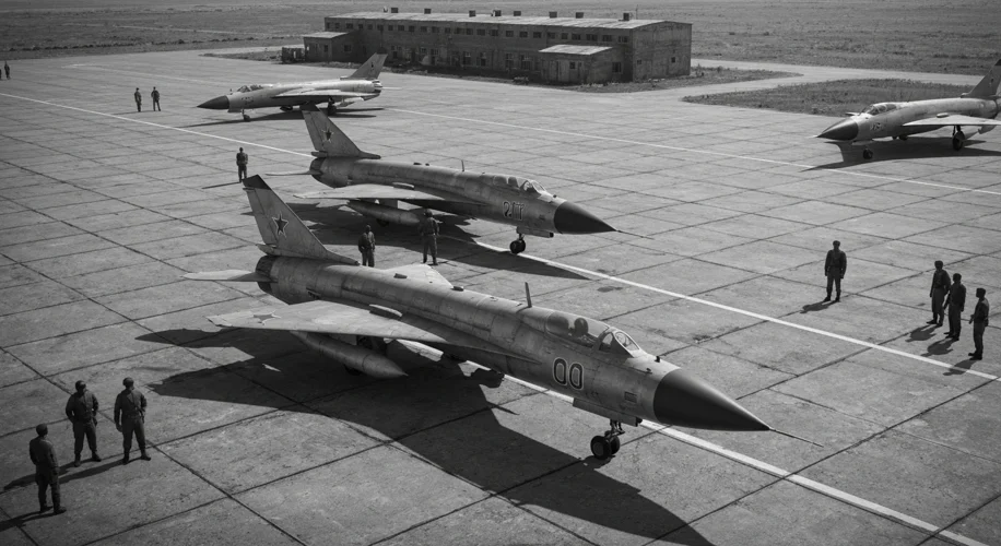 A black and white aerial view of a Soviet-built military base in Somalia during the Cold War, with M