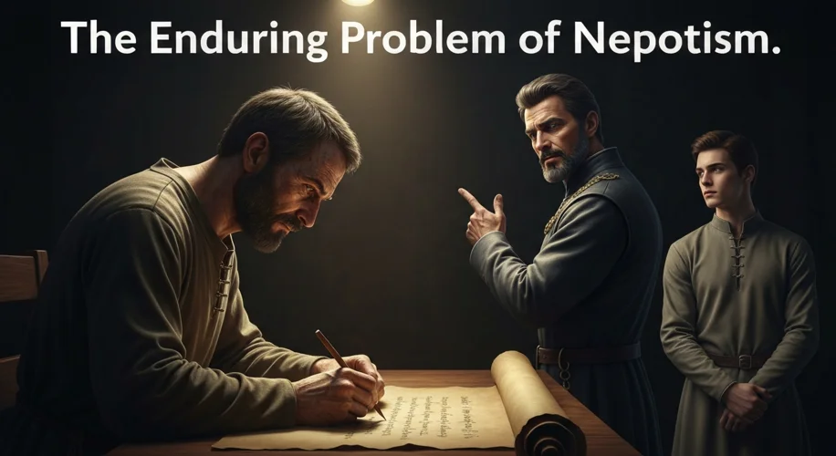 A medieval scribe painstakingly writing on a scroll, with a discerning nobleman looking over his sho