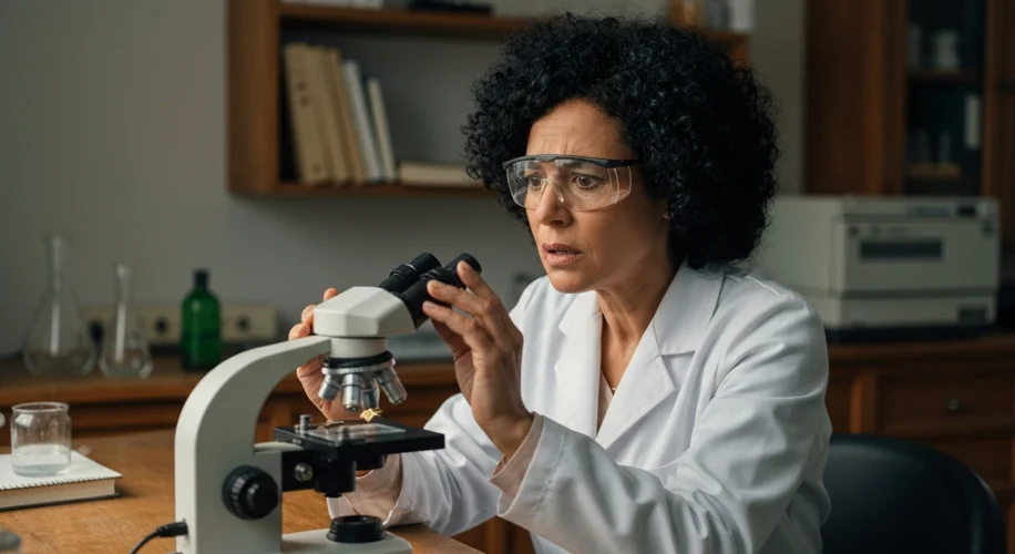 A scientist carefully examining a native bird in a protected enclosure on an island, with a blurry b