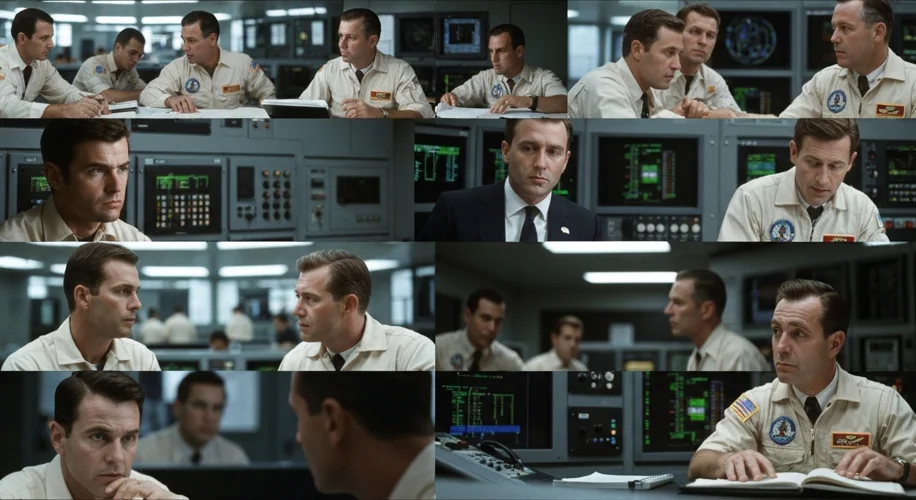 A montage of NASA mission control workers looking tense and focused during the Apollo 13 crisis