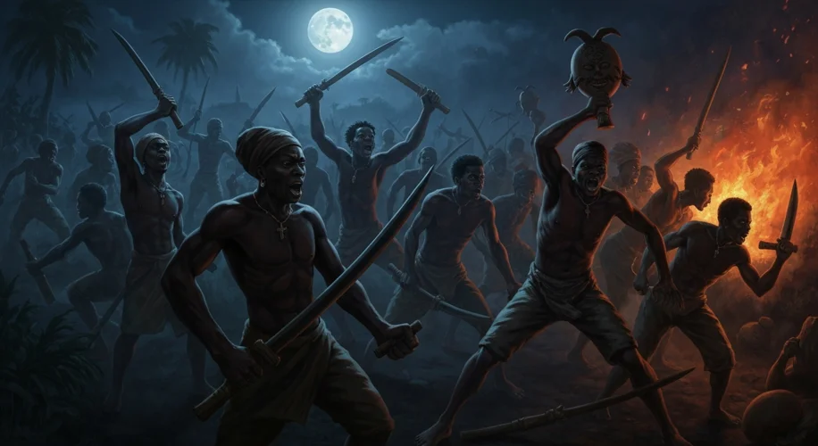A dramatic scene depicting enslaved Africans in Saint-Domingue, armed with rudimentary weapons and i