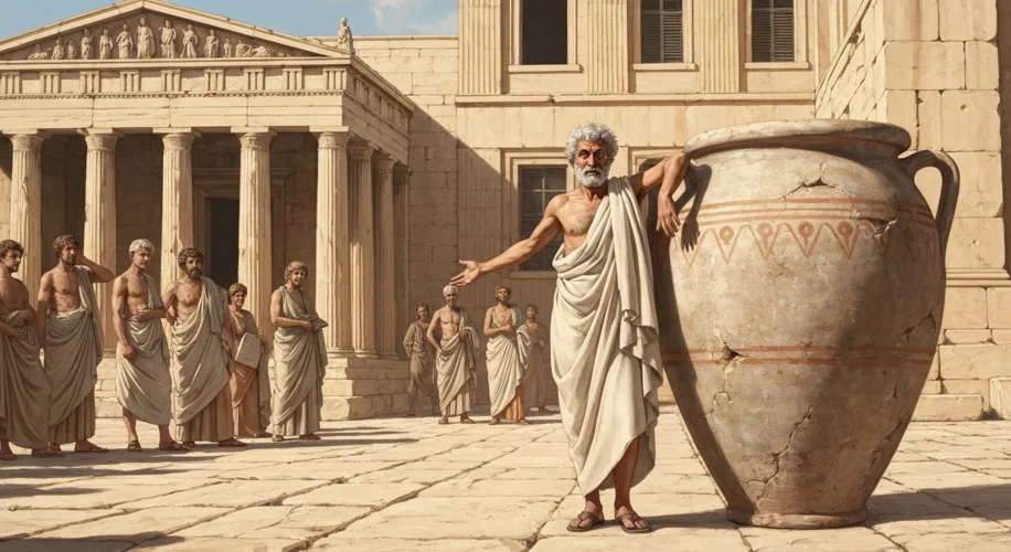 A depiction of Diogenes the Cynic in ancient Athens, standing next to his large ceramic jar (pithos)