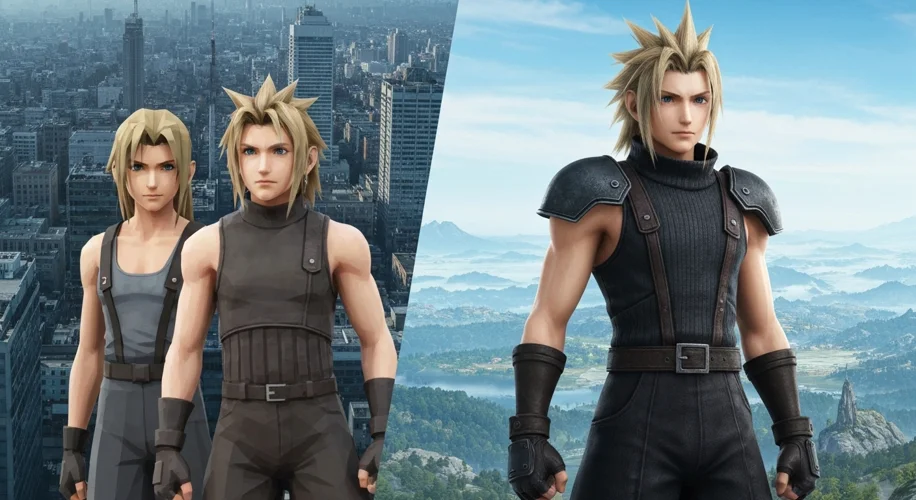 A split image showing the original Final Fantasy VII characters in their low-polygon 1997 forms on o