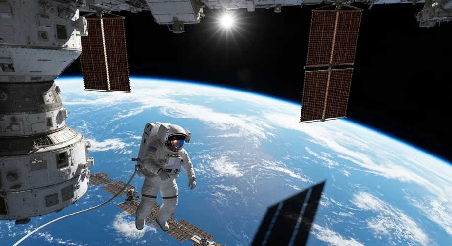 An astronaut performing a spacewalk outside the International Space Station, tethered to the structu