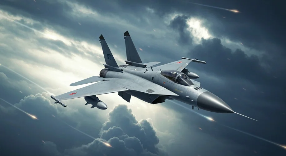 A sleek, futuristic South Korean fighter jet, the KF-21 Boramae, soaring through a dramatic sky, sym