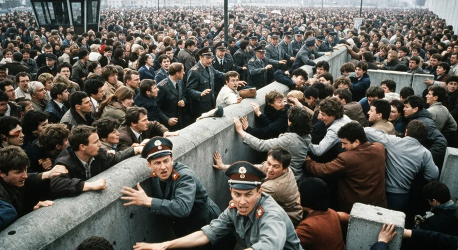 A dense crowd of East German citizens pushing against the barriers at a Berlin Wall checkpoint, with