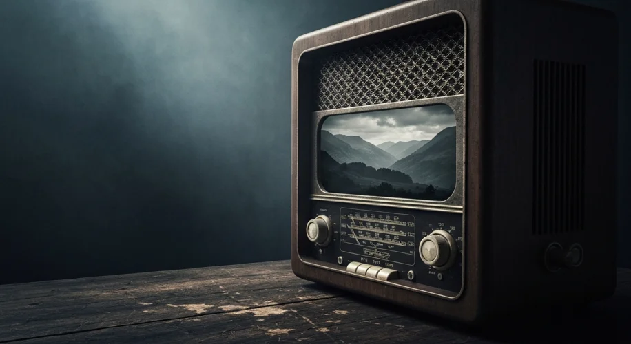 A vintage radio receiver sits on a wooden table, with a faint, shadowy outline of a Welsh landscape 