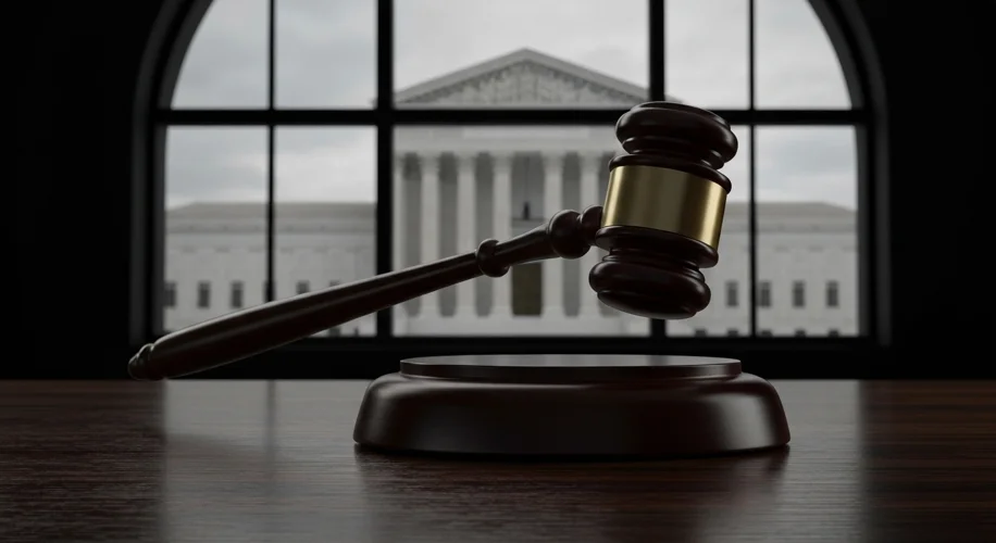 A gavel striking a sounding block on a wooden desk, with the US Supreme Court building visible in th