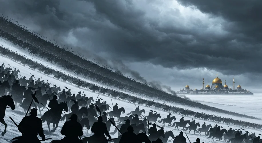 A vast Mongol horde, silhouetted against a stormy sky, charging across a snow-covered plain towards 