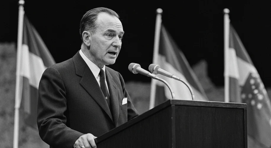 A black and white photograph of Robert Schuman speaking passionately at a podium, with European flag