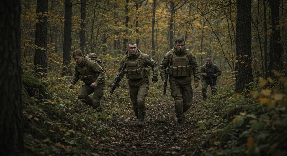 A modern depiction of Ukrainian resistance fighters in a forest setting, blending into the environme
