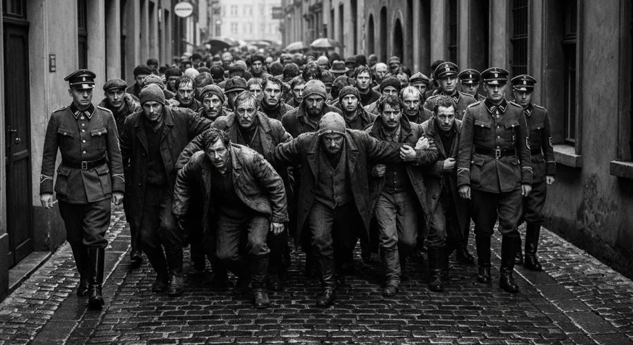 A stark black and white photograph showing a group of disheveled men in ragged clothing being herded