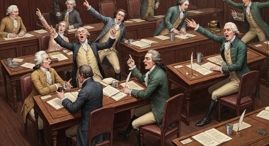 A historical illustration depicting the U.S. House of Representatives in the late 18th century, with