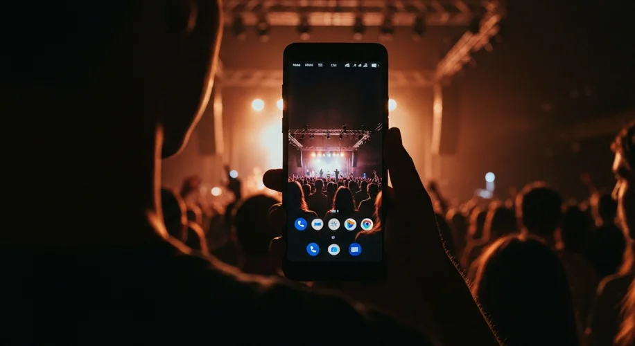 A person holding a Google Pixel smartphone in a dimly lit concert, the phone's screen displaying a p