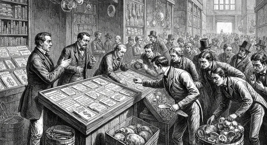 A black and white illustration depicting a busy 19th-century American marketplace, with merchants lo