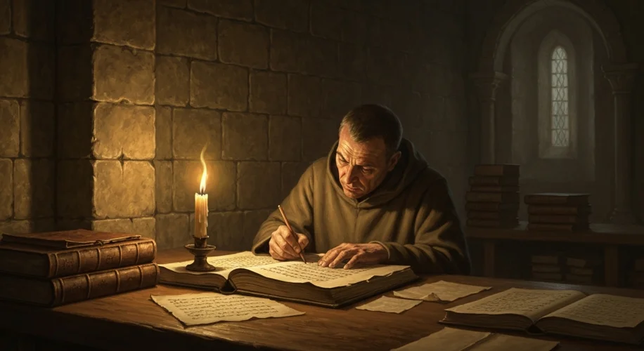 A medieval monk meticulously copying an ancient manuscript in a dimly lit scriptorium, illuminated b