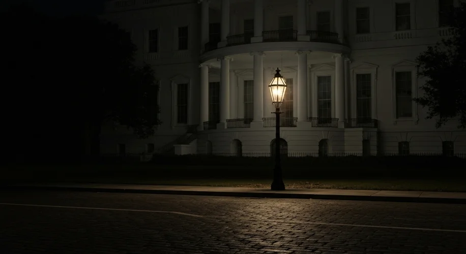 A somber depiction of the White House with its lights off at night, silhouetted against a dark sky,