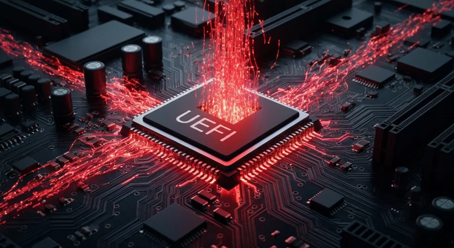 A stylized, dark digital representation of a computer motherboard with glowing red lines of maliciou