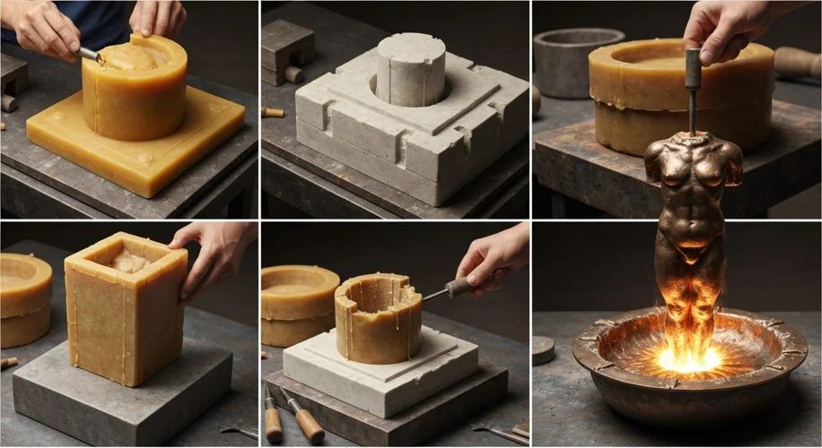 A detailed diagram illustrating the lost-wax casting process used in ancient Greek bronze sculpture.