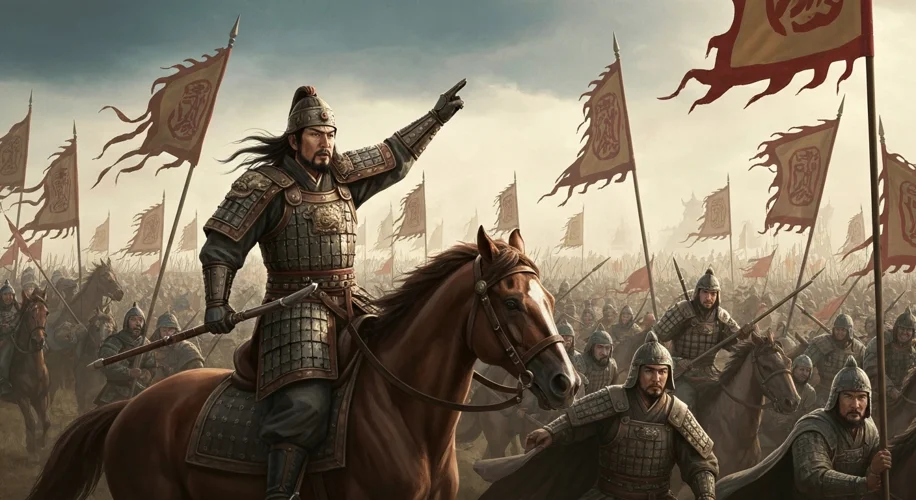 General Guo Ziyi in Tang Dynasty armor, on horseback, directing his troops with a commanding presenc