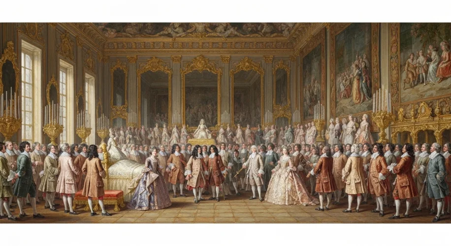 A detailed illustration of the King's lever (waking ceremony) at Versailles, with courtiers attendin